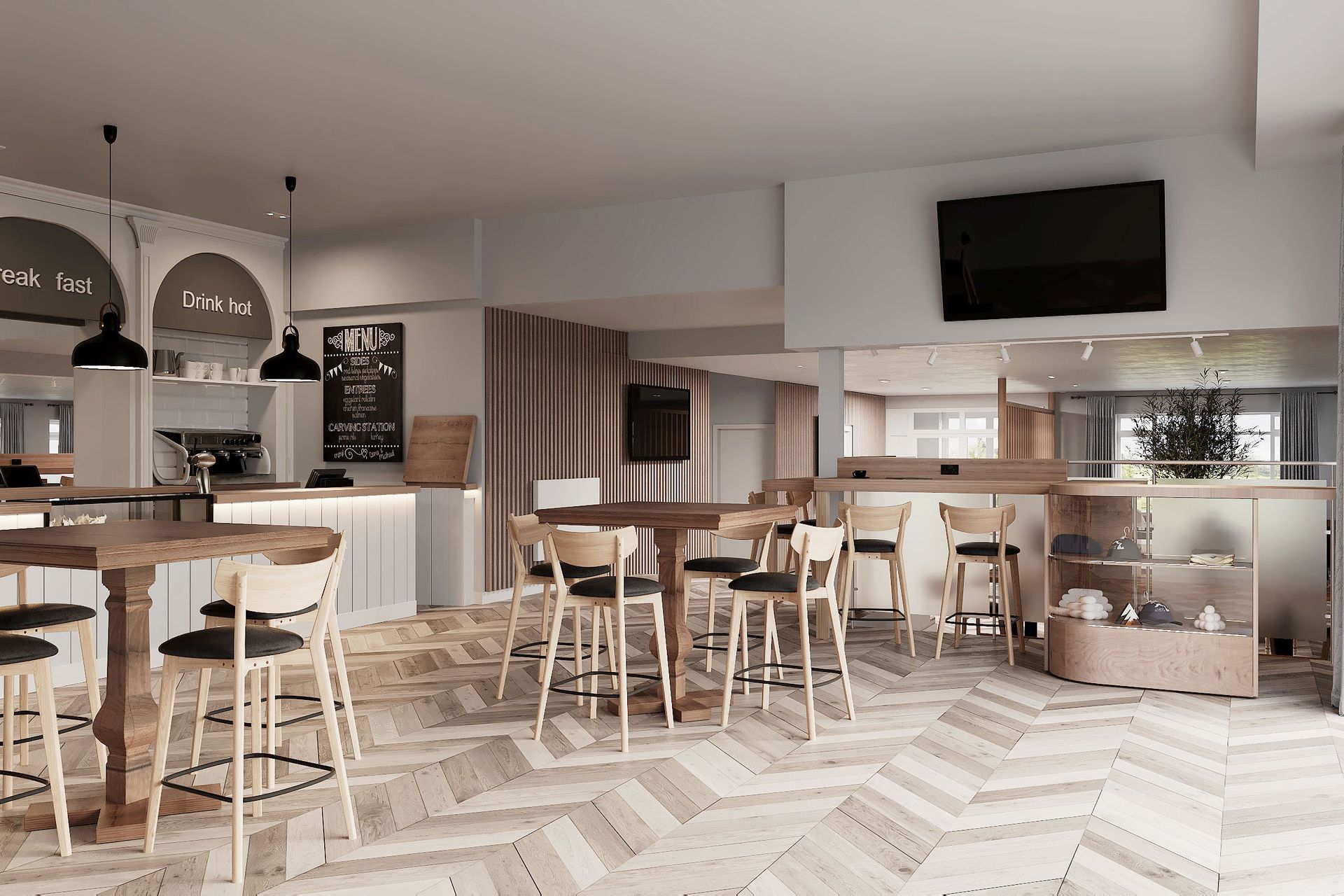 Clubhouse bar area with high timber tables, menu chalkboard, display unit and views through to the light‑filled lounge.