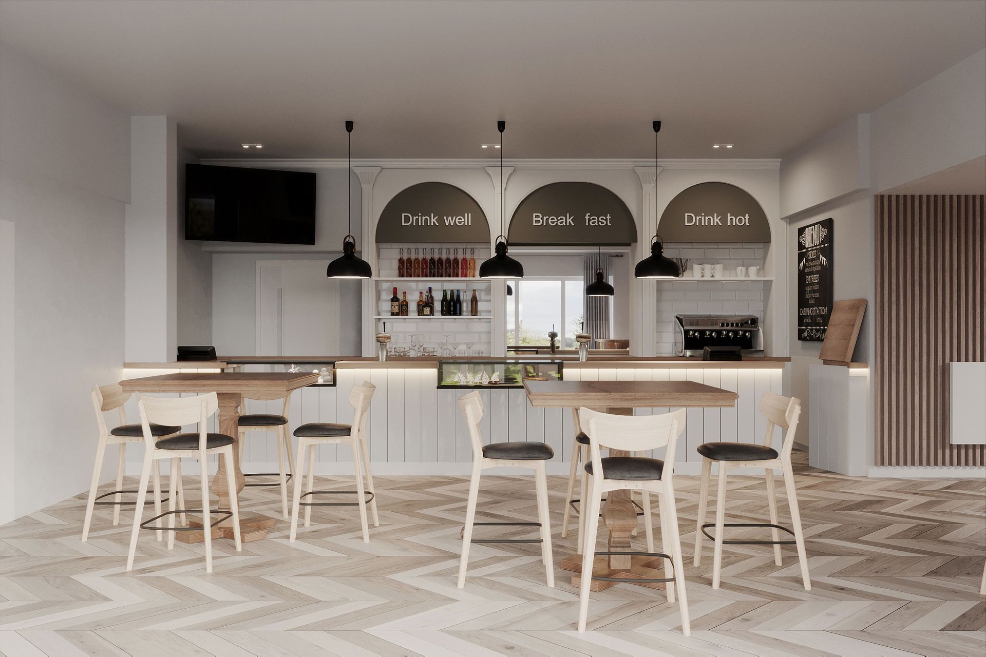 Golf clubhouse servery with white panelled counter, arched back bar, black pendants and high tables on chevron flooring.