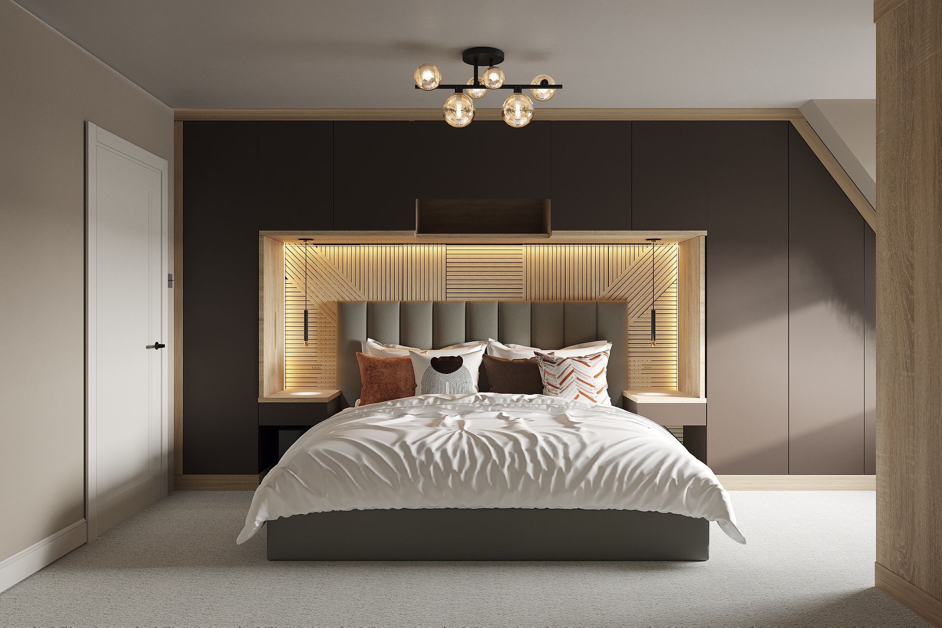 Luxury master bedroom in Welwyn featuring bespoke headboard with geometric wood panelling, and statement lighting