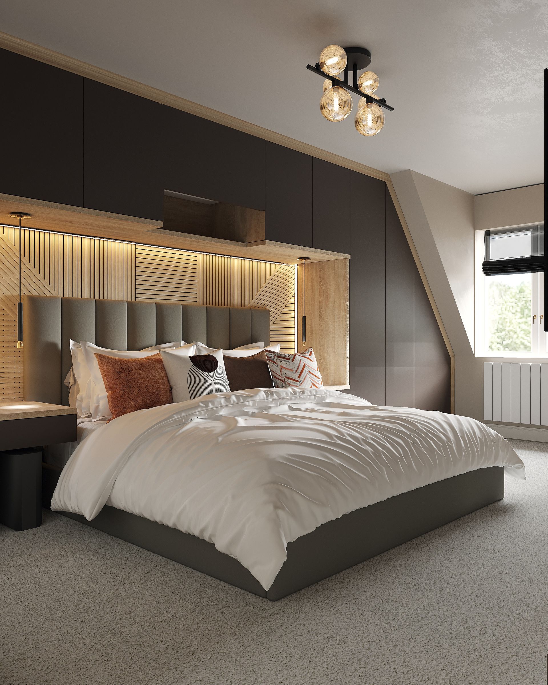 Master bedroom with bespoke dark wardrobes, slatted timber headboard and sculptural ceiling light in The Welwyn Family Edit.