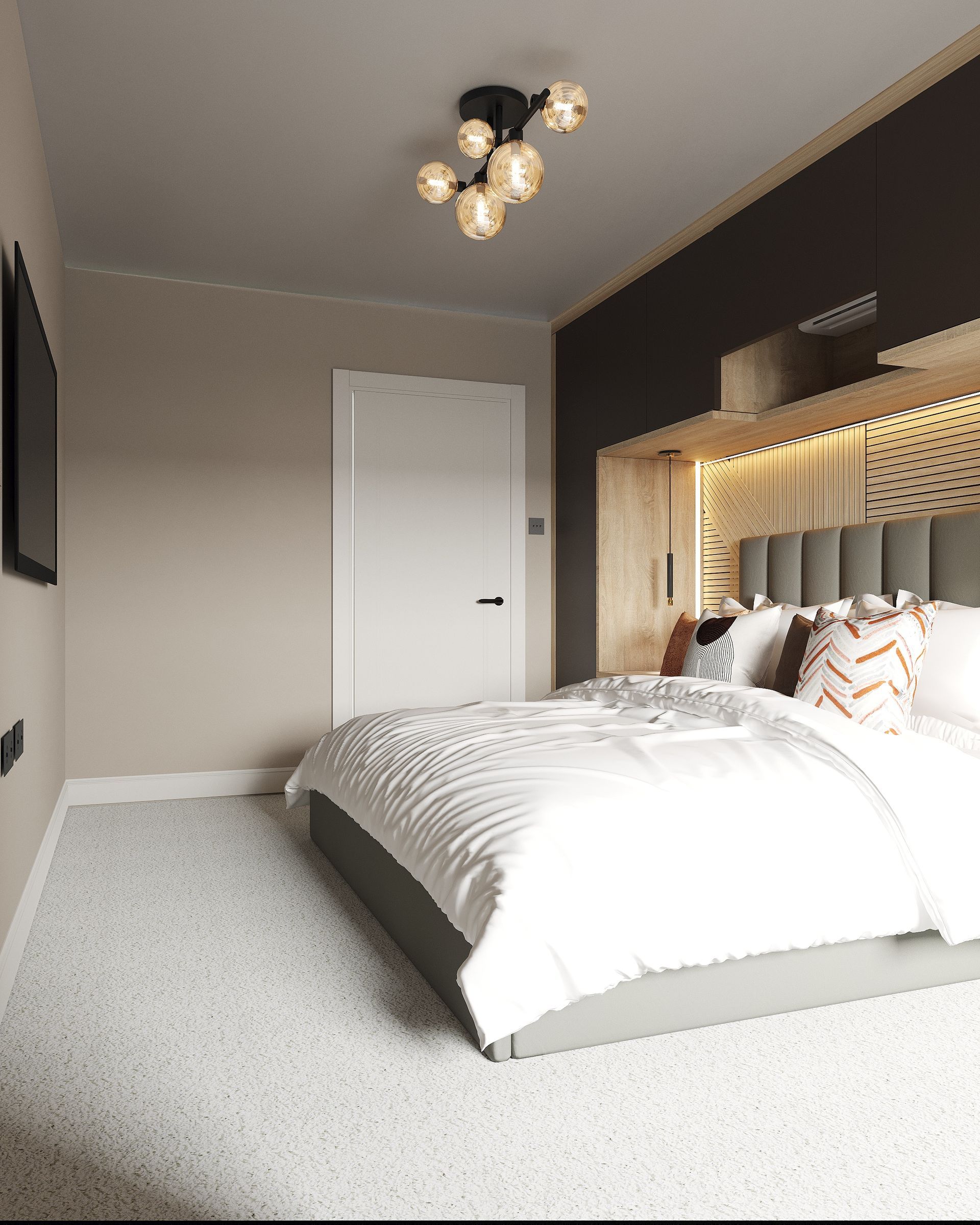 Master bedroom joinery with dark wardrobes, timber niche and statement ceiling light in The Welwyn Family Edit.