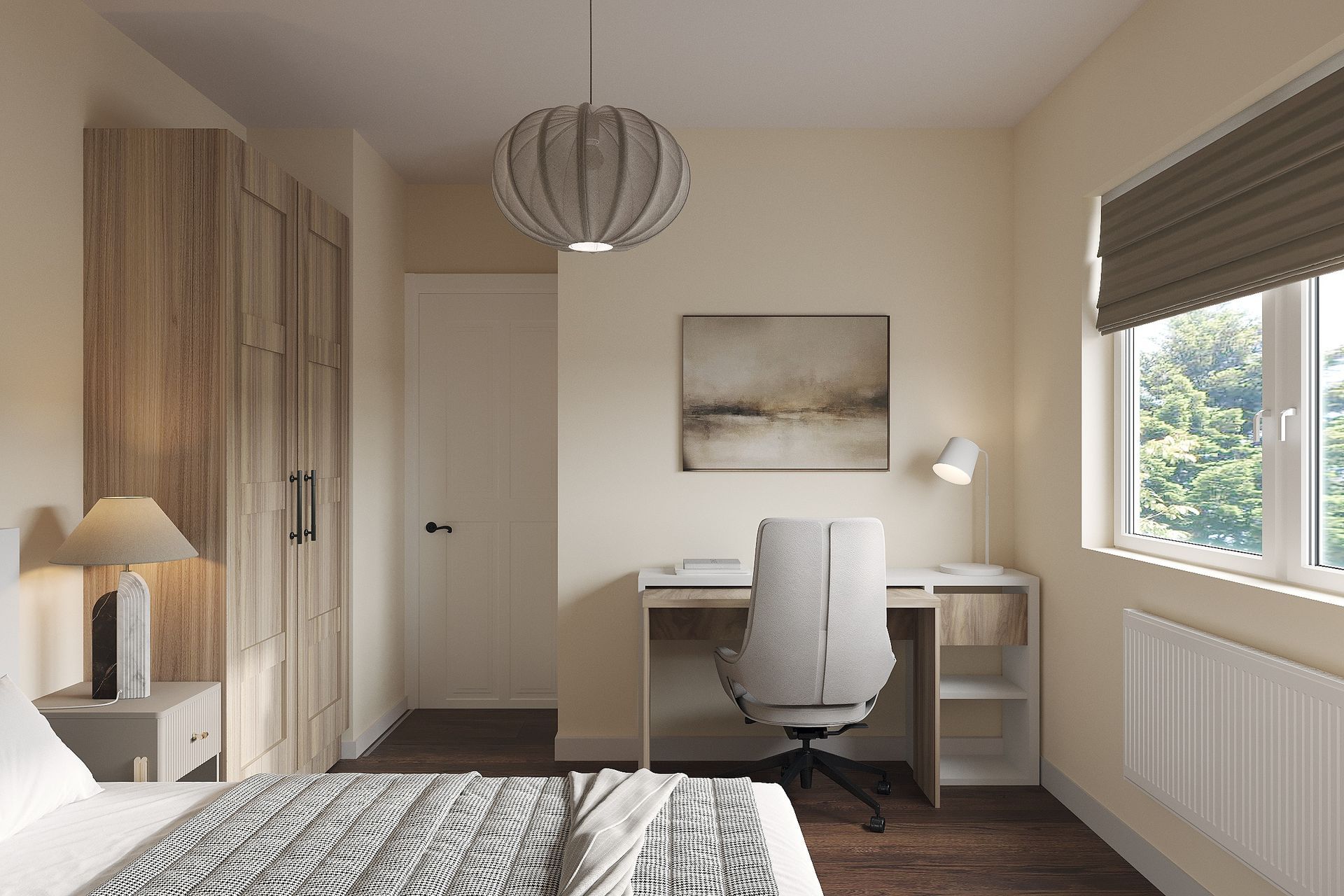 Guest bedroom with integrated desk workspace, oak wardrobes, and grey balloon pendant in Welwyn Garden City by Elisa Design