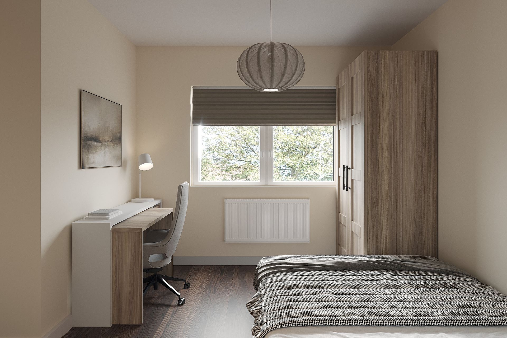 Guest bedroom with white platform bed, oak wardrobes, and grey Roman blinds in Welwyn Garden City by Elisa Design
