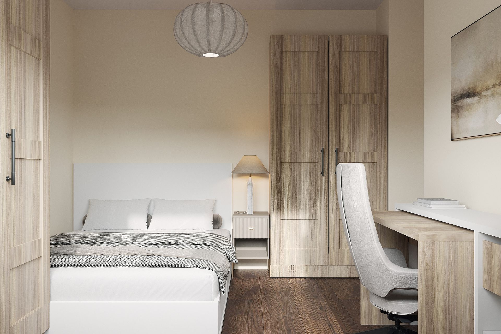 Dual-function guest bedroom and home office with floor-to-ceiling wardrobes in Welwyn Garden City by Elisa Design