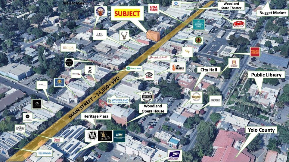 An aerial view of a city with lots of buildings and trees.