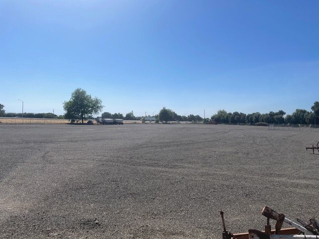 A large empty field with a tree in the background