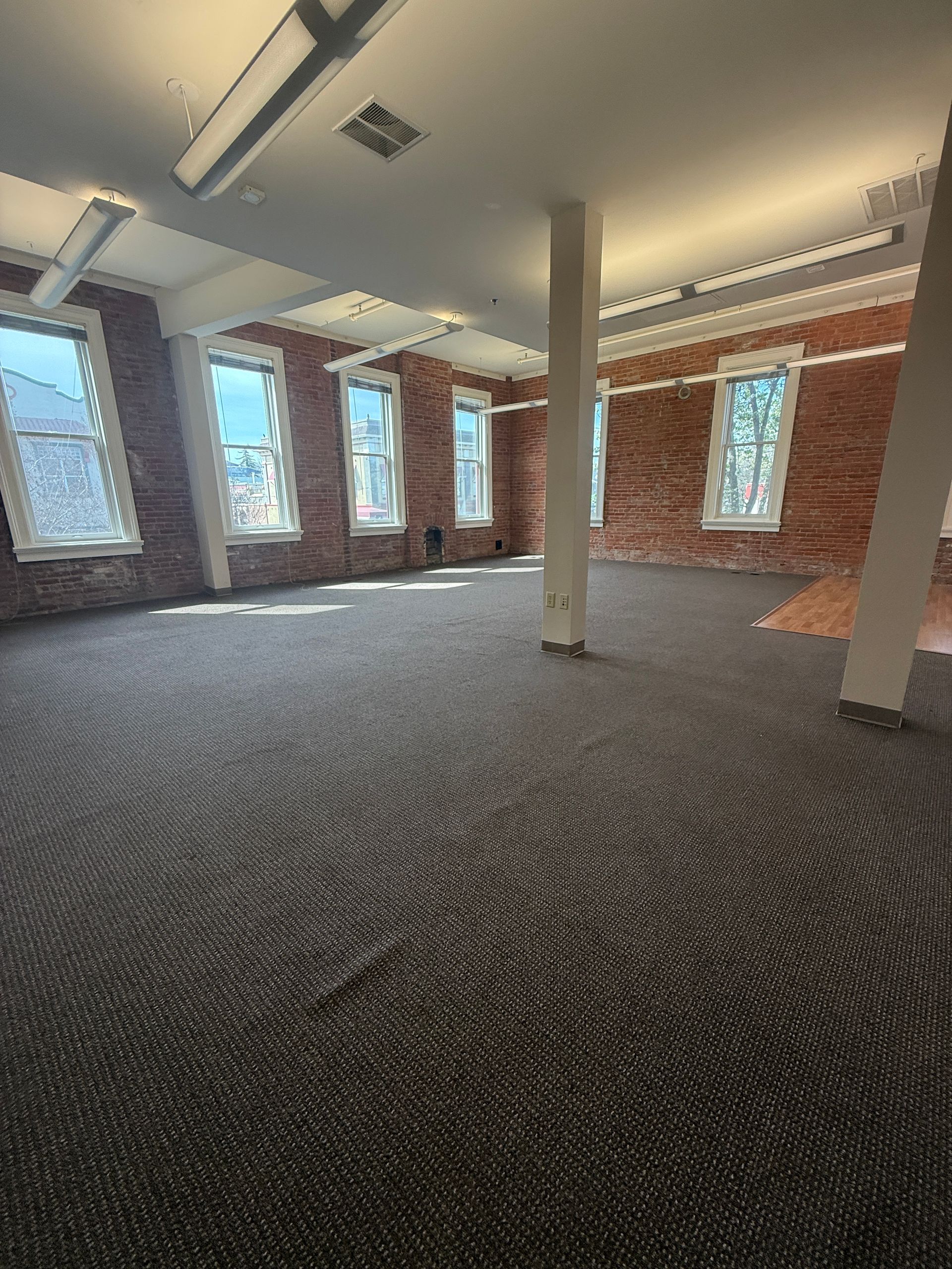A large empty room with a lot of windows and a carpeted floor.