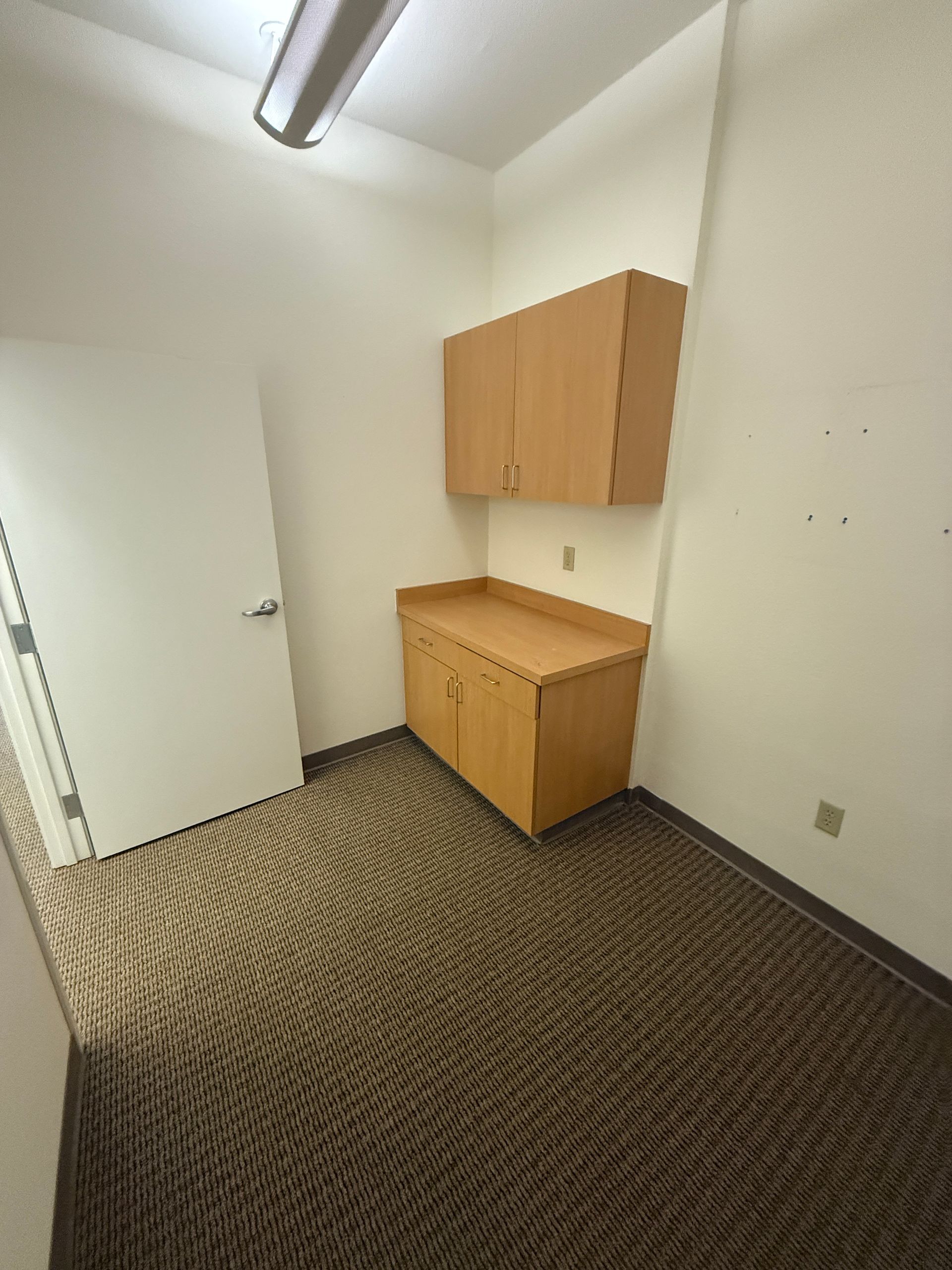 An empty room with wooden cabinets and a carpeted floor.