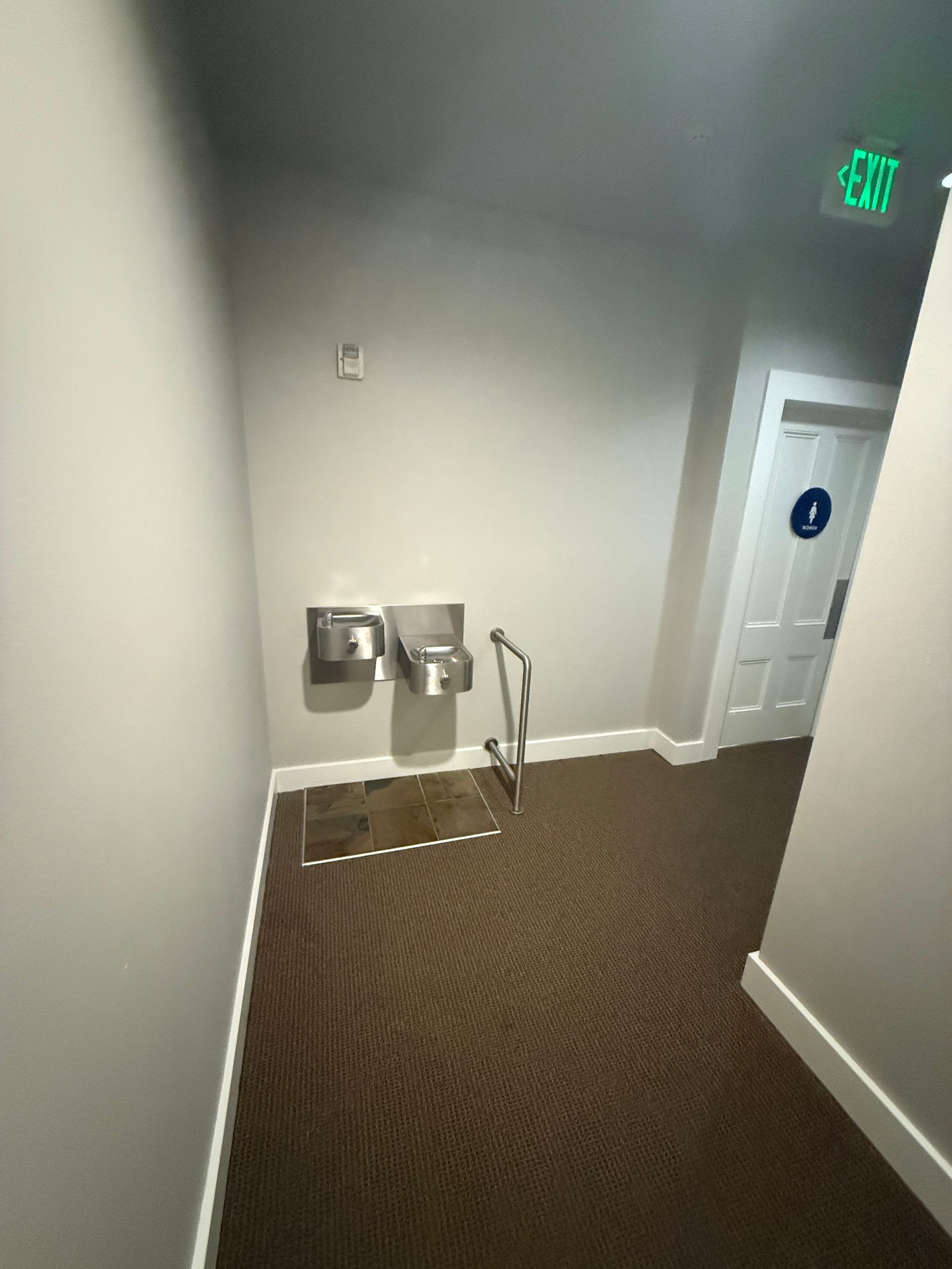 An empty room with a brick wall and a carpeted floor.