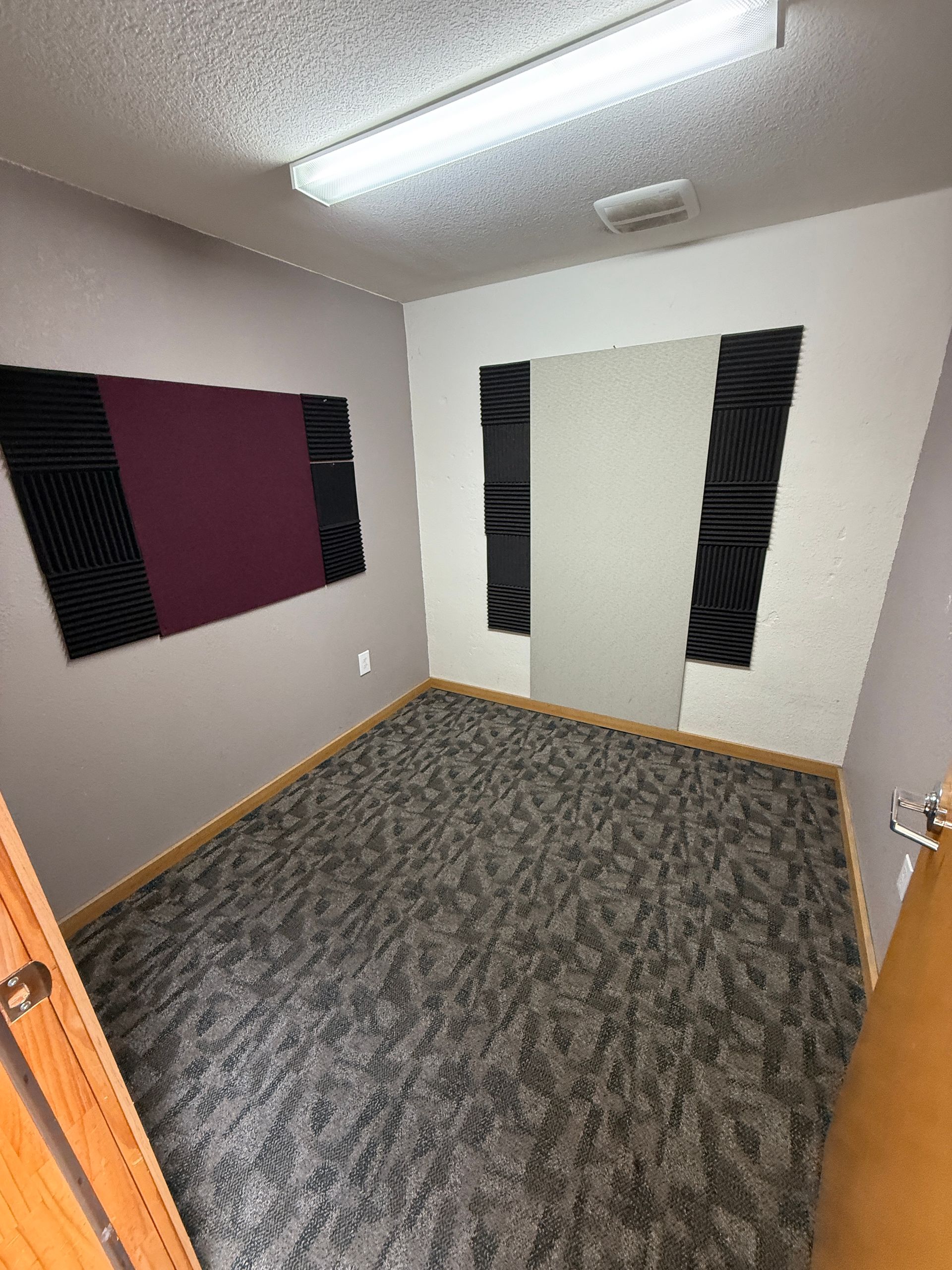 A small room with a carpeted floor and acoustic panels on the walls.