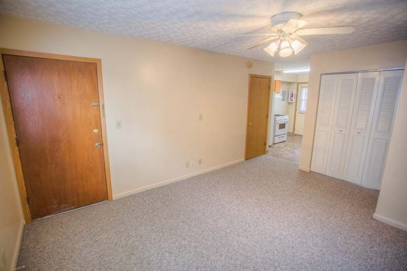 Photo showing a living room with a kitchen in the background