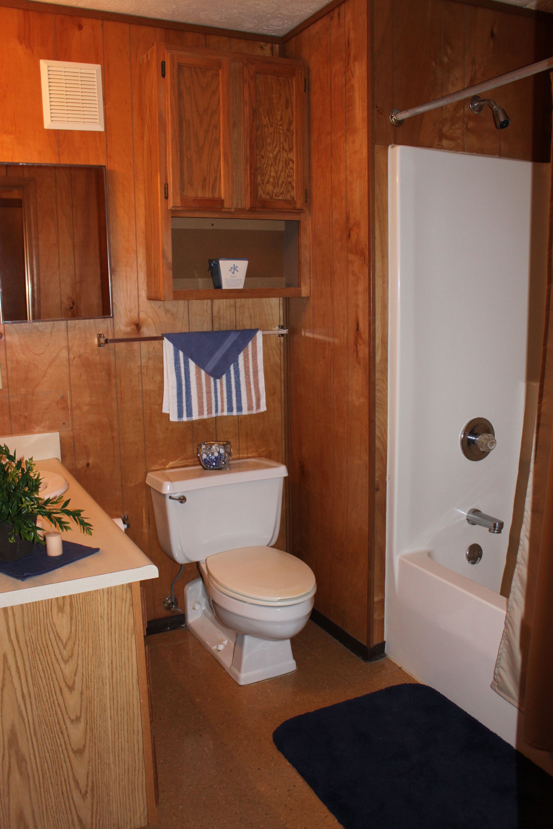 Photo showing a bathroom toilet and a shower/tub combo partially in view