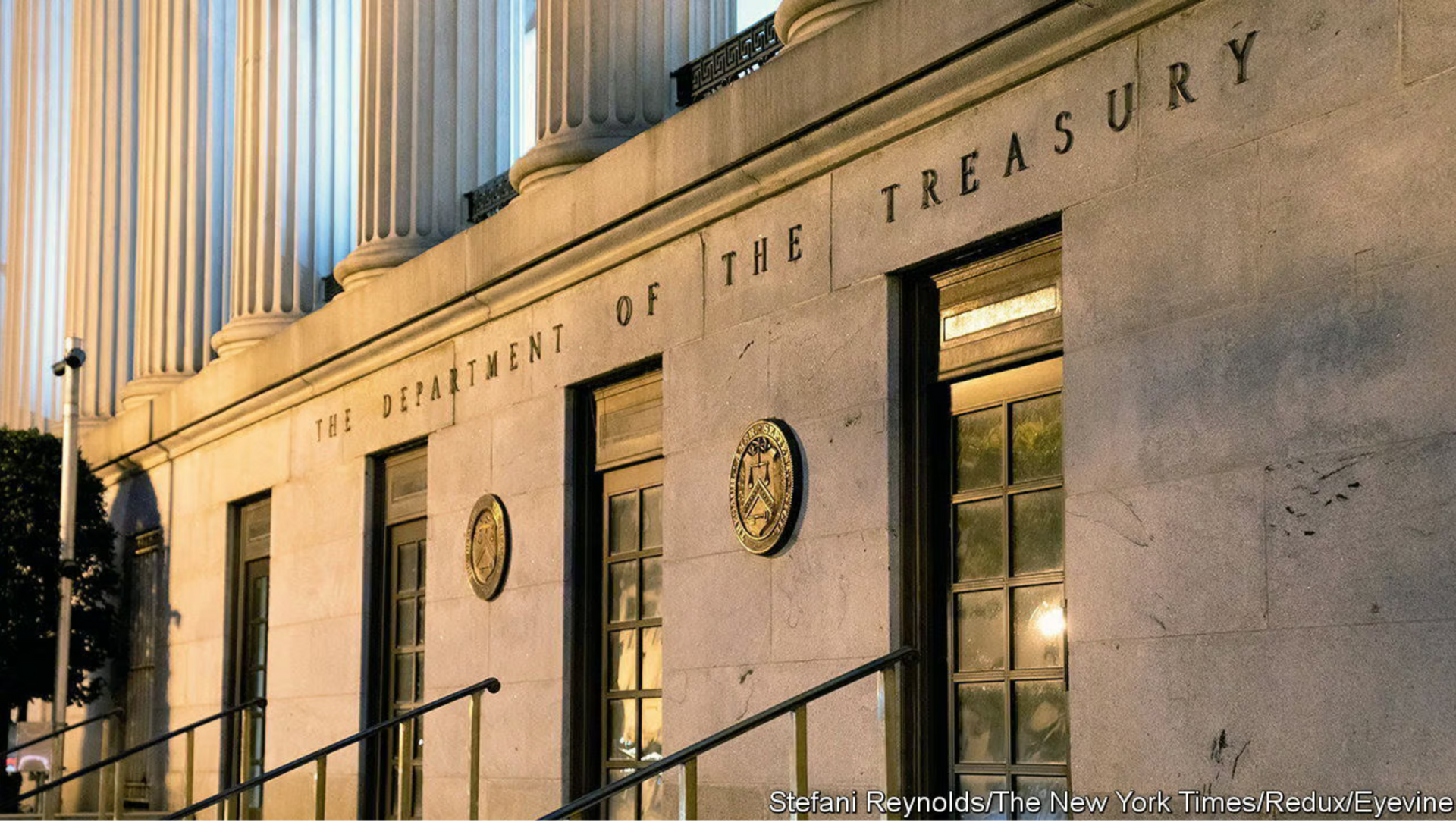 The front of the department of the treasury building