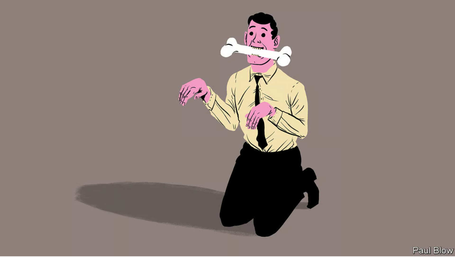 A man is kneeling down with a bone in his mouth.
