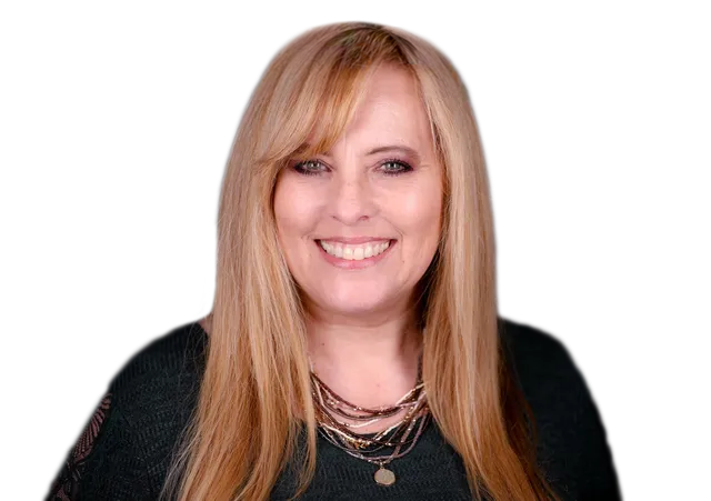 A woman with long blonde hair is smiling and wearing a black shirt.