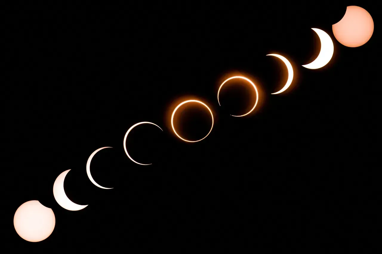 The phases of an eclipse are shown on a black background