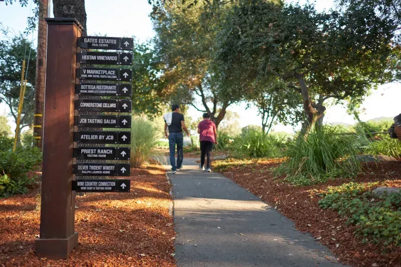 Two people are walking down a path with signs pointing in different directions