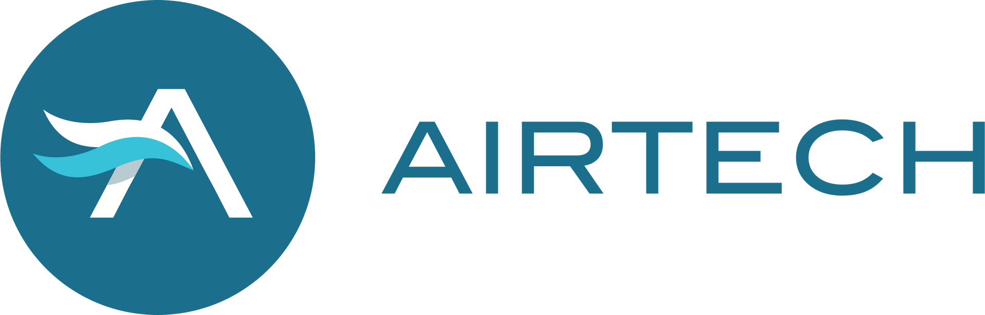 The logo for airtech is a blue circle with an airplane on it.