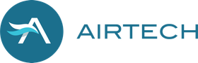 The logo for airtech is a blue circle with an airplane on it.