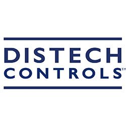 The logo for distech controls is blue and white.