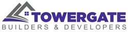 The logo for towergate builders and developers is purple and white.