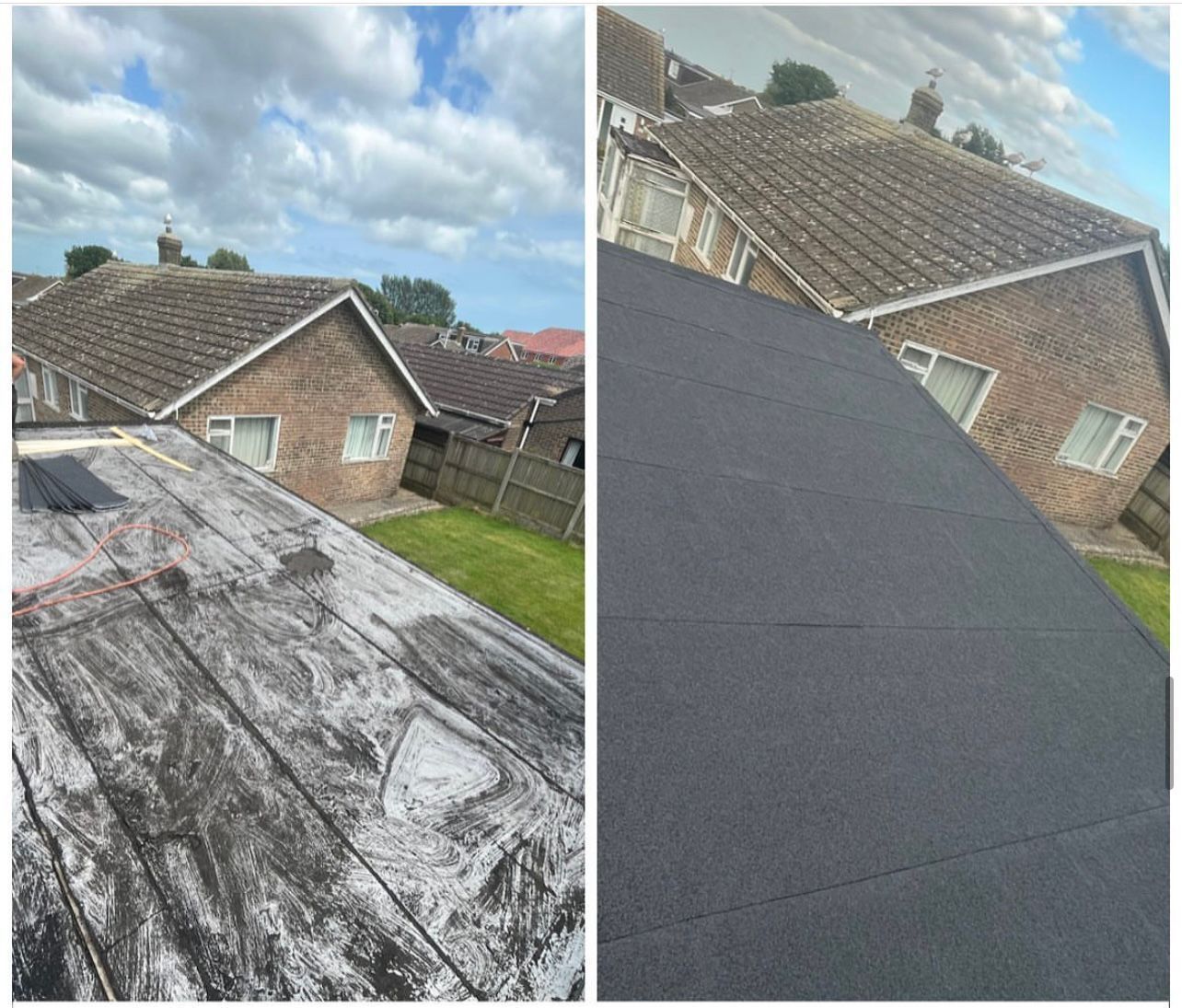 A before and after picture of a roof of a house.