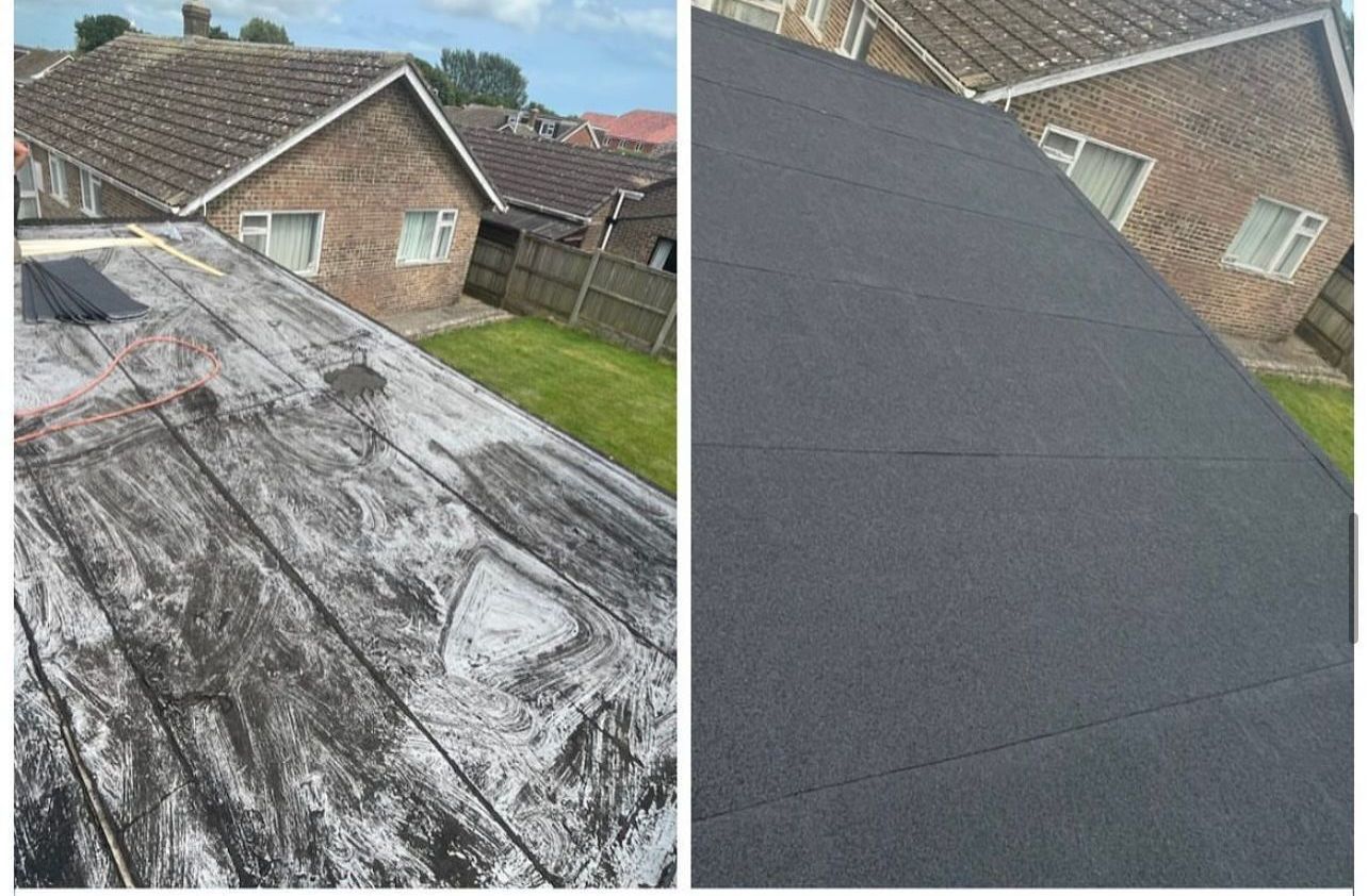 A before and after picture of a roof of a house.