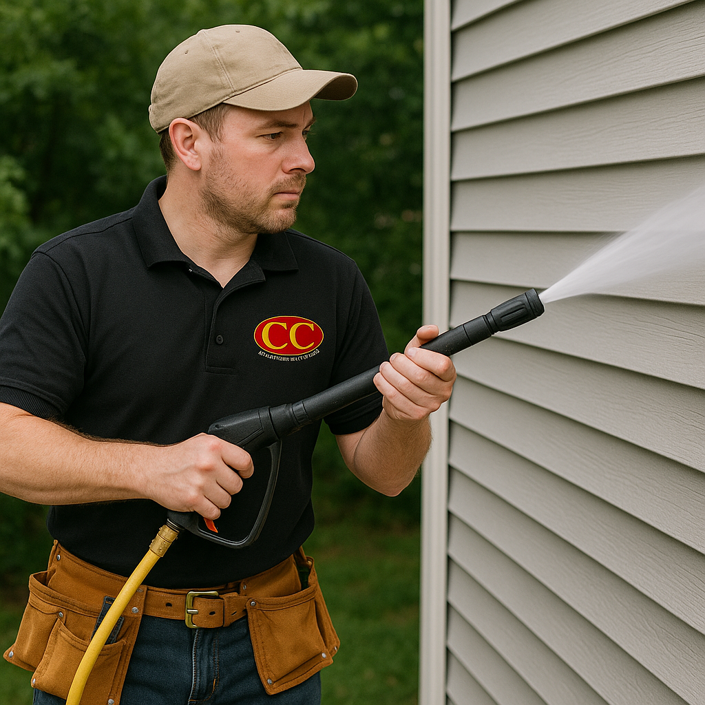 A man is using a high pressure washer to clean the side of a house