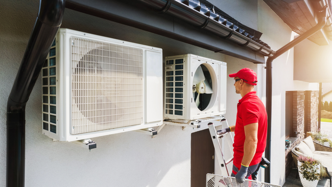 A man is installing an air conditioner on the side of a building.
