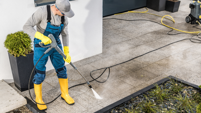 A man is cleaning a patio with a high pressure washer.