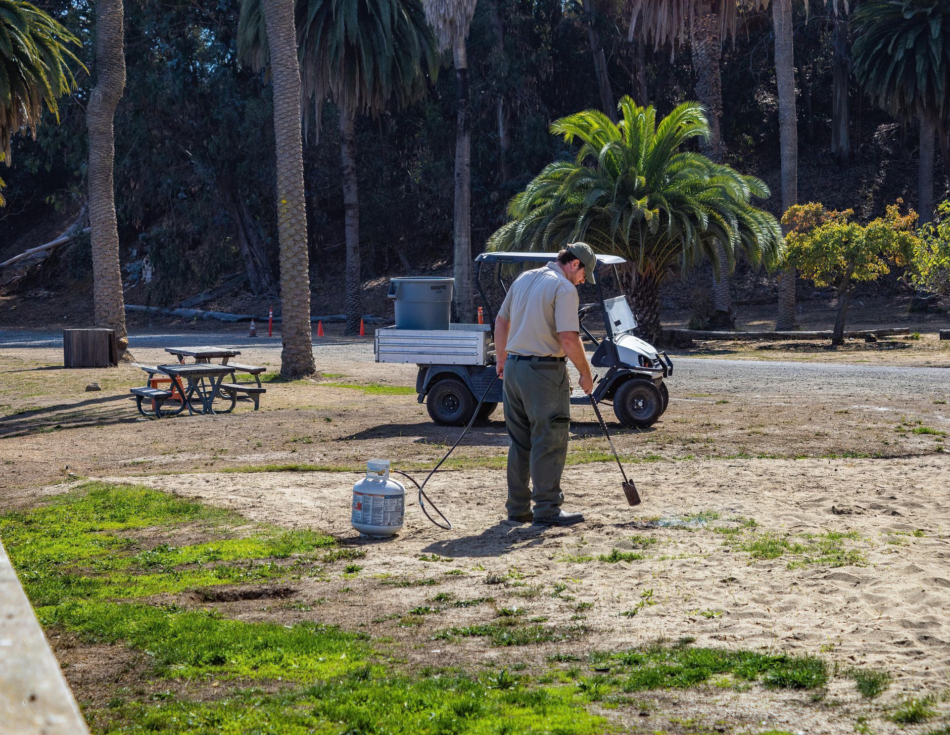 A park worker in a tan uniform stands in a sandy area near a golf cart, using a long-handled tool to maintain the grounds.