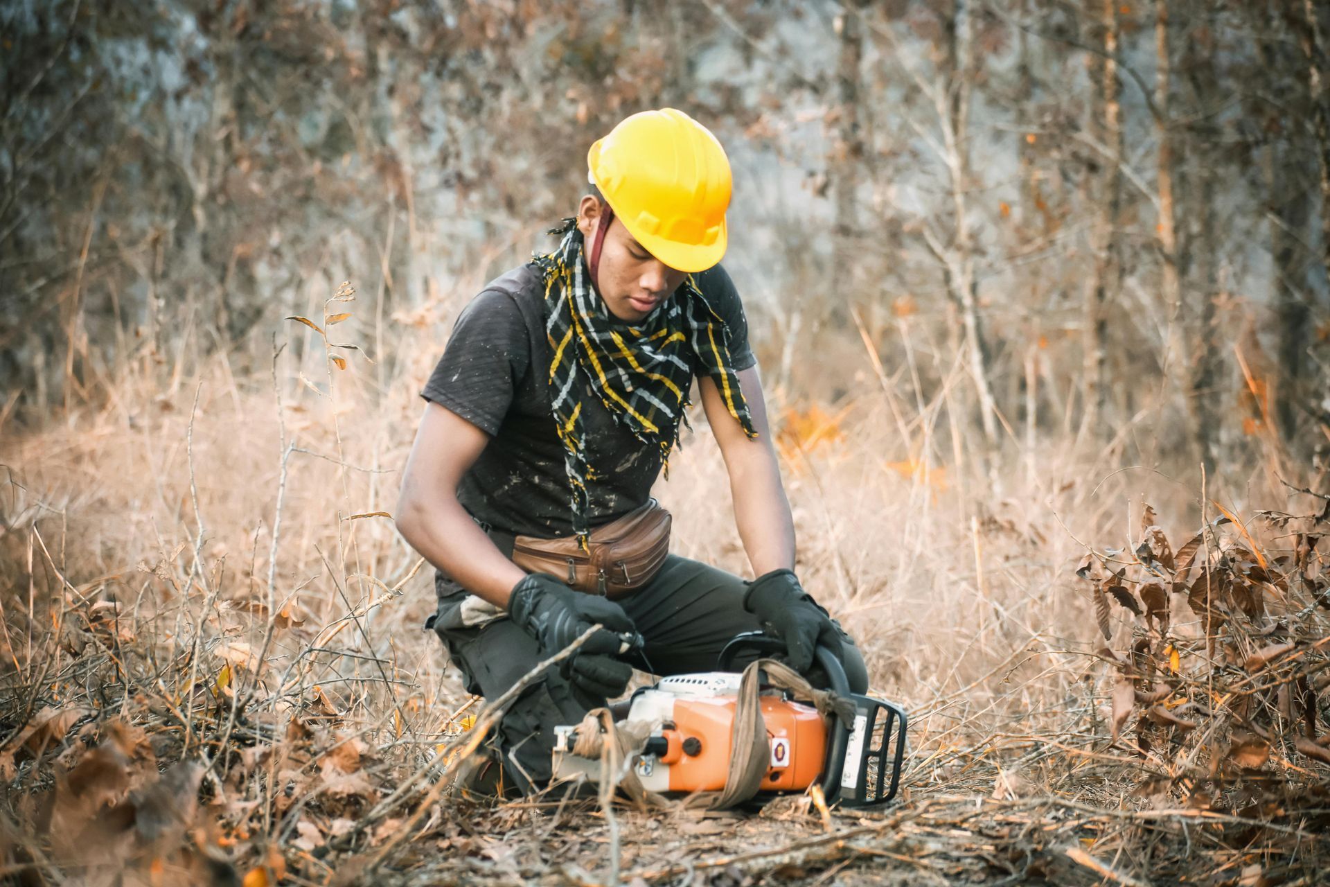 A worker wearing a yellow hard hat and gloves kneels in a wooded area, operating a chainsaw.