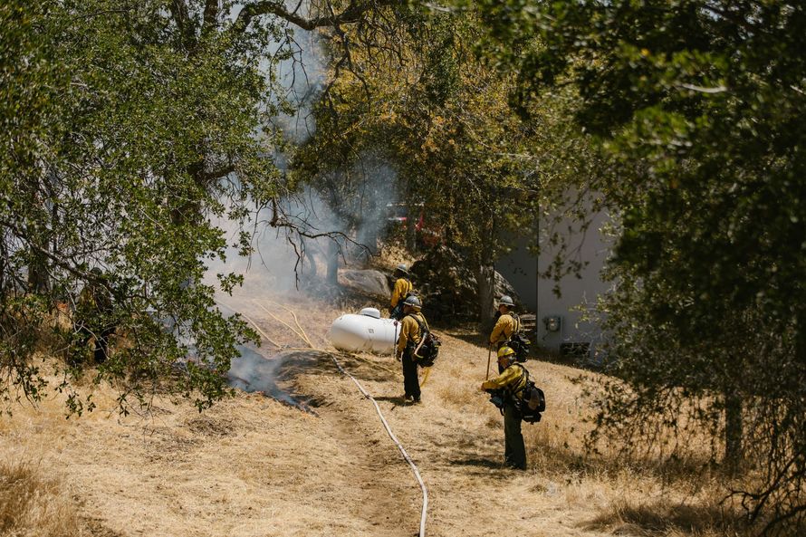Three firefighters in yellow turnout gear spray water on brush near a propane tank in a wooded area.