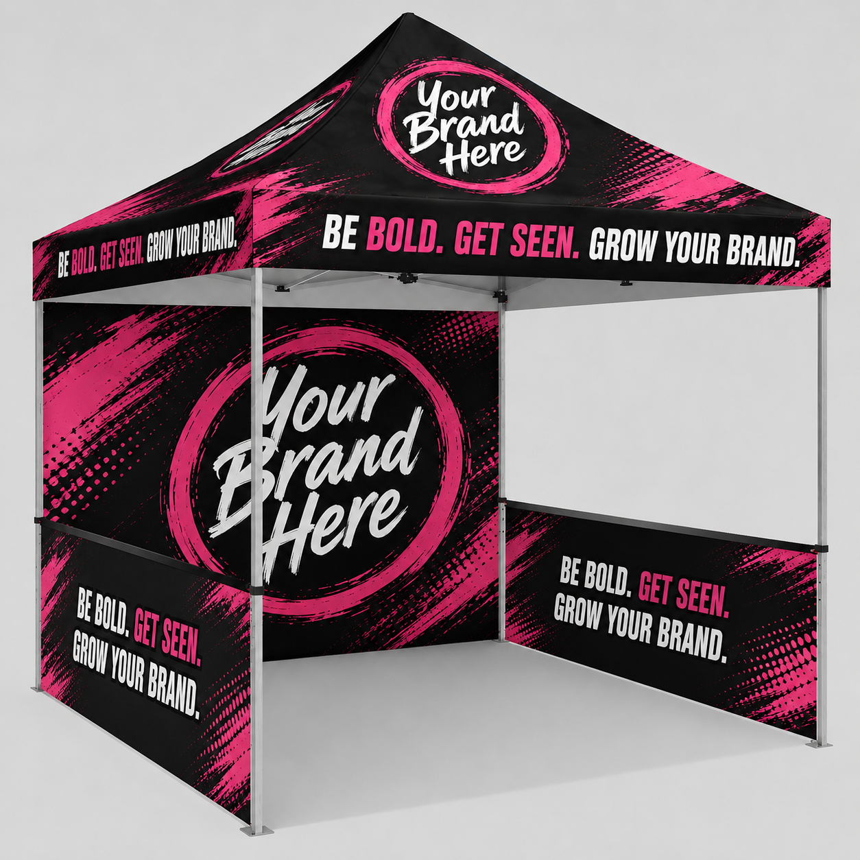 Black-and-pink branded event canopy tent with “Your Brand Here” promotional text