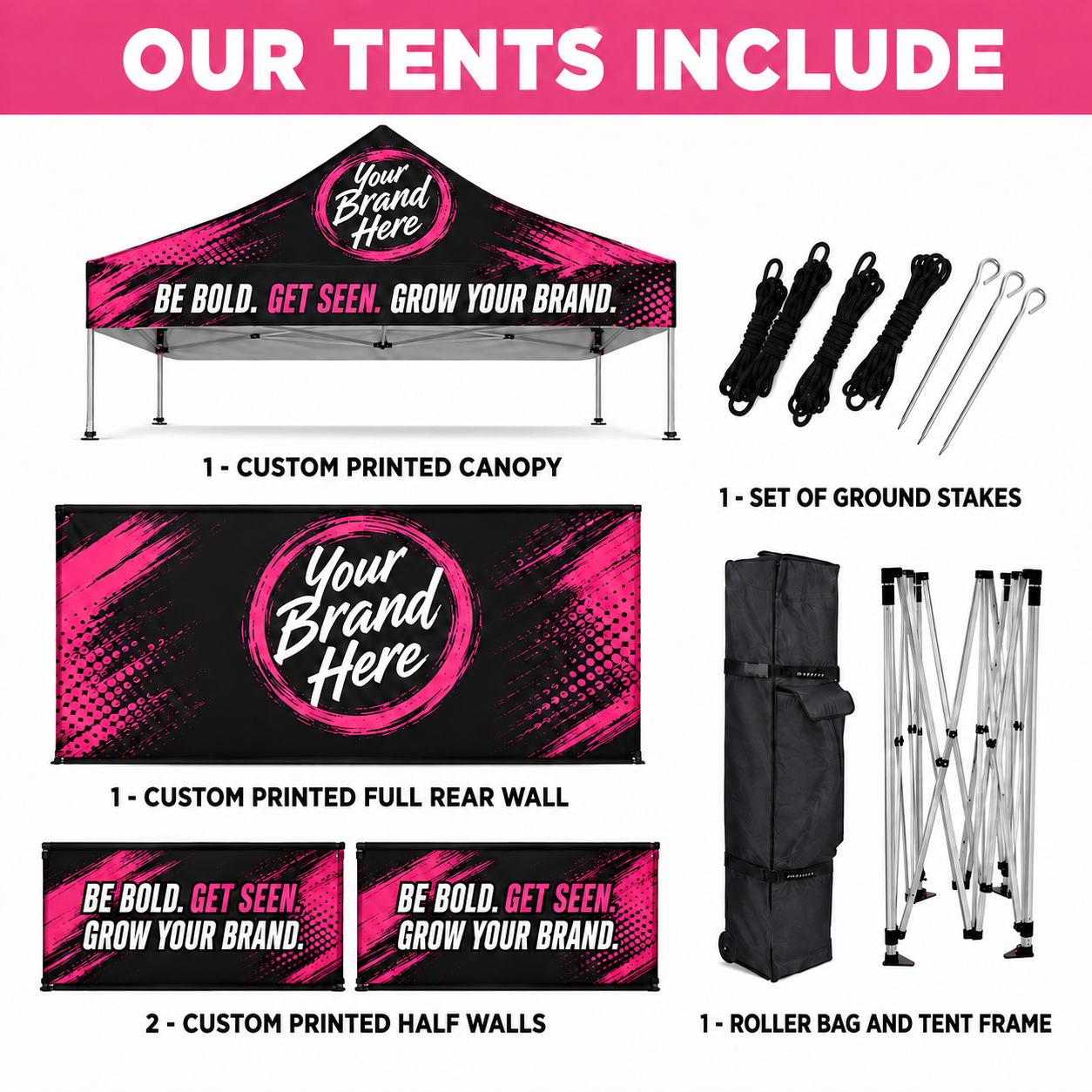 Promotional graphic showing a pink-and-black custom printed canopy tent with wall panels, stakes, and rolling bag