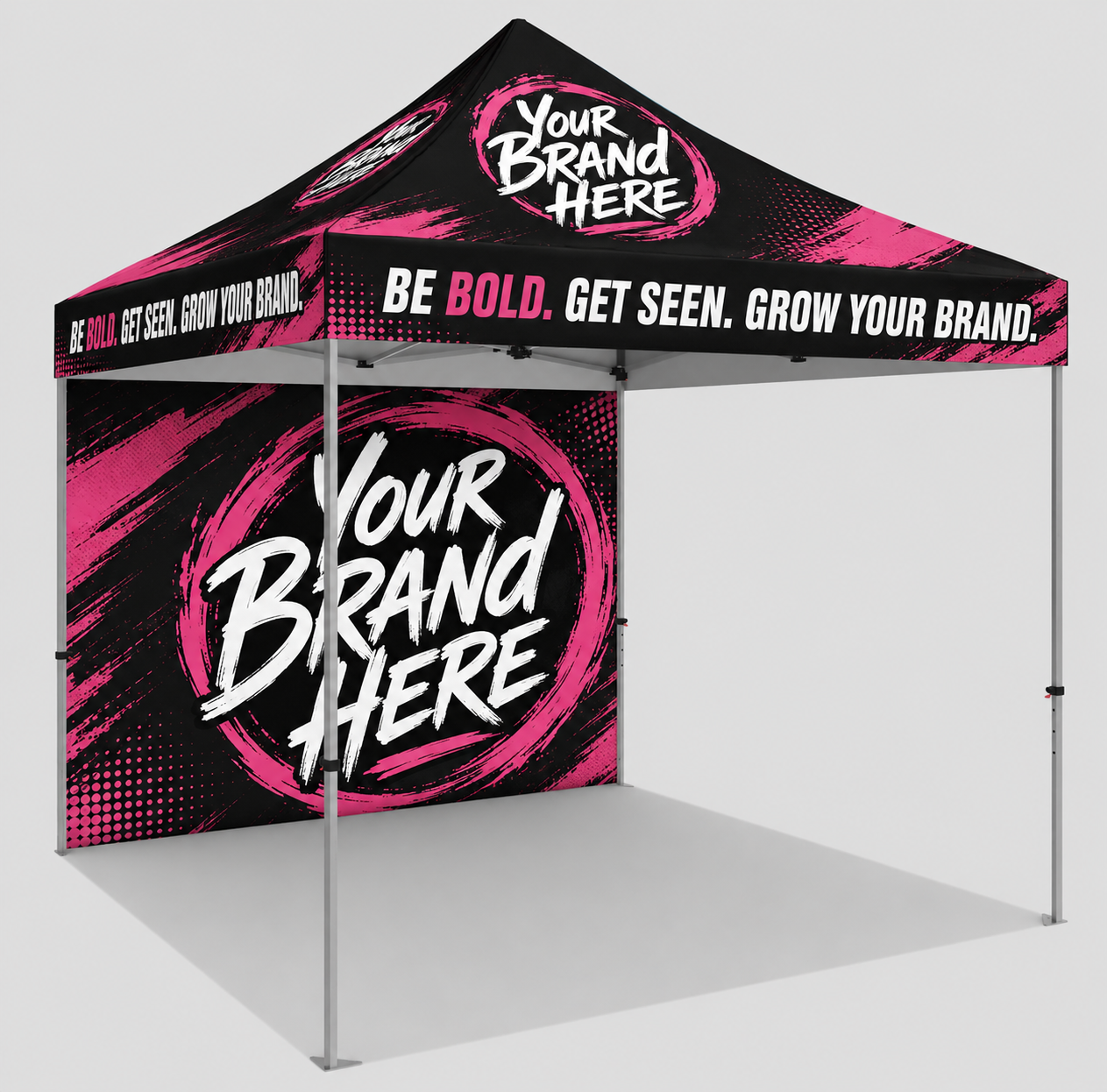 Black and pink promotional canopy tent with “Your Brand Here” branding on the canopy and back wall