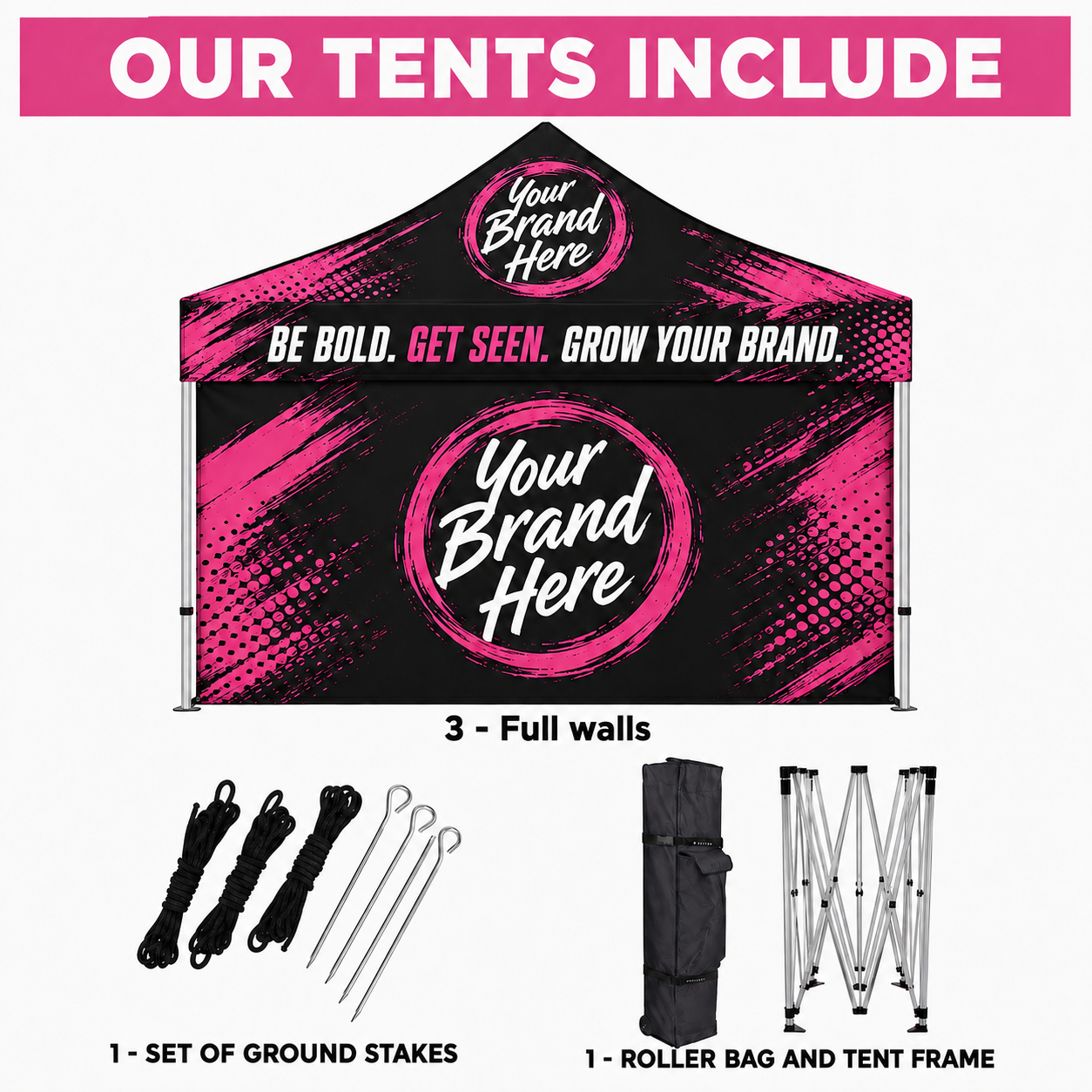 Pink and black branded pop-up tent with logo, shown with included stakes, roller bag, and frame parts