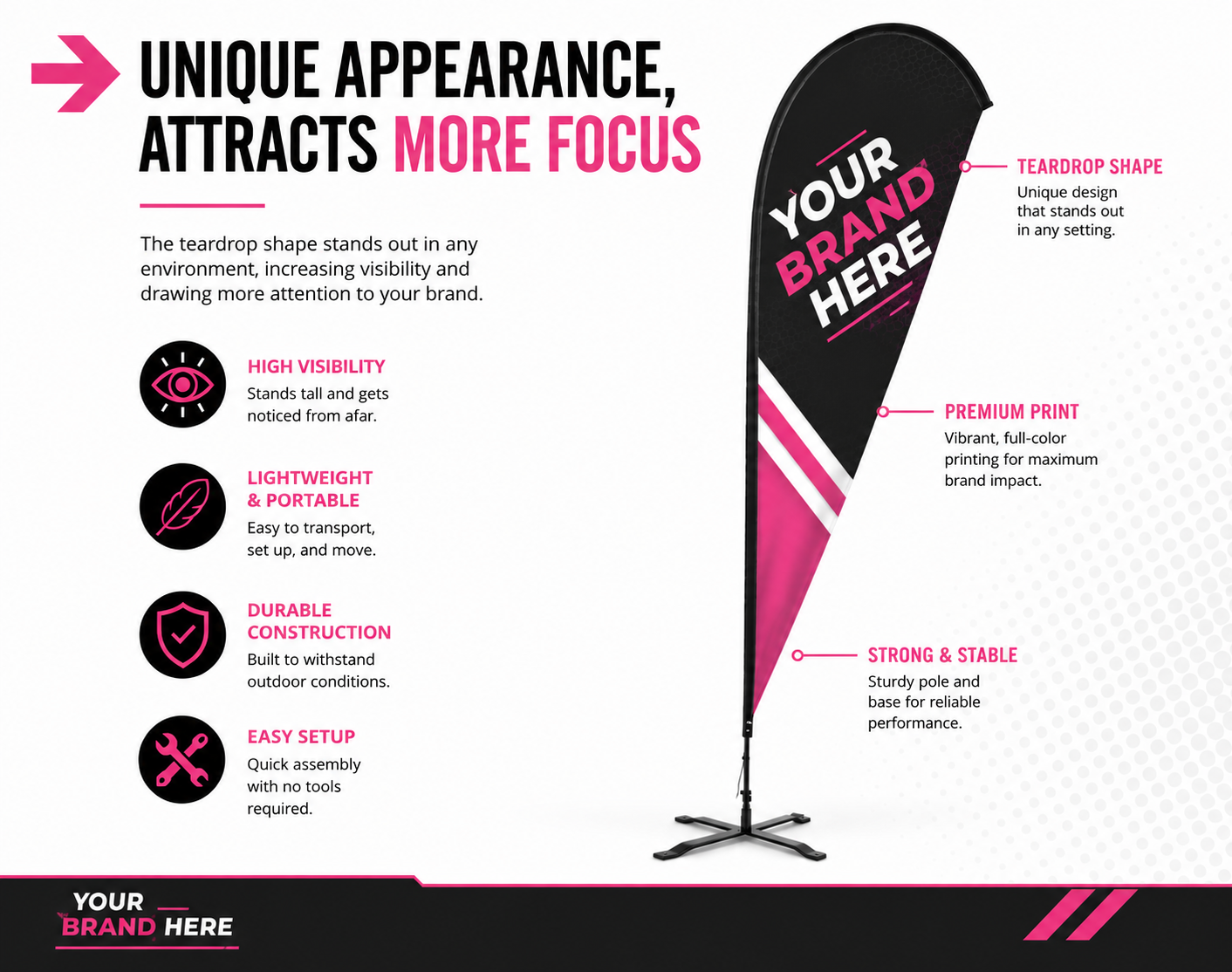 Black and pink branded teardrop banner stand with “YOUR BRAND HERE” text and promotional callouts