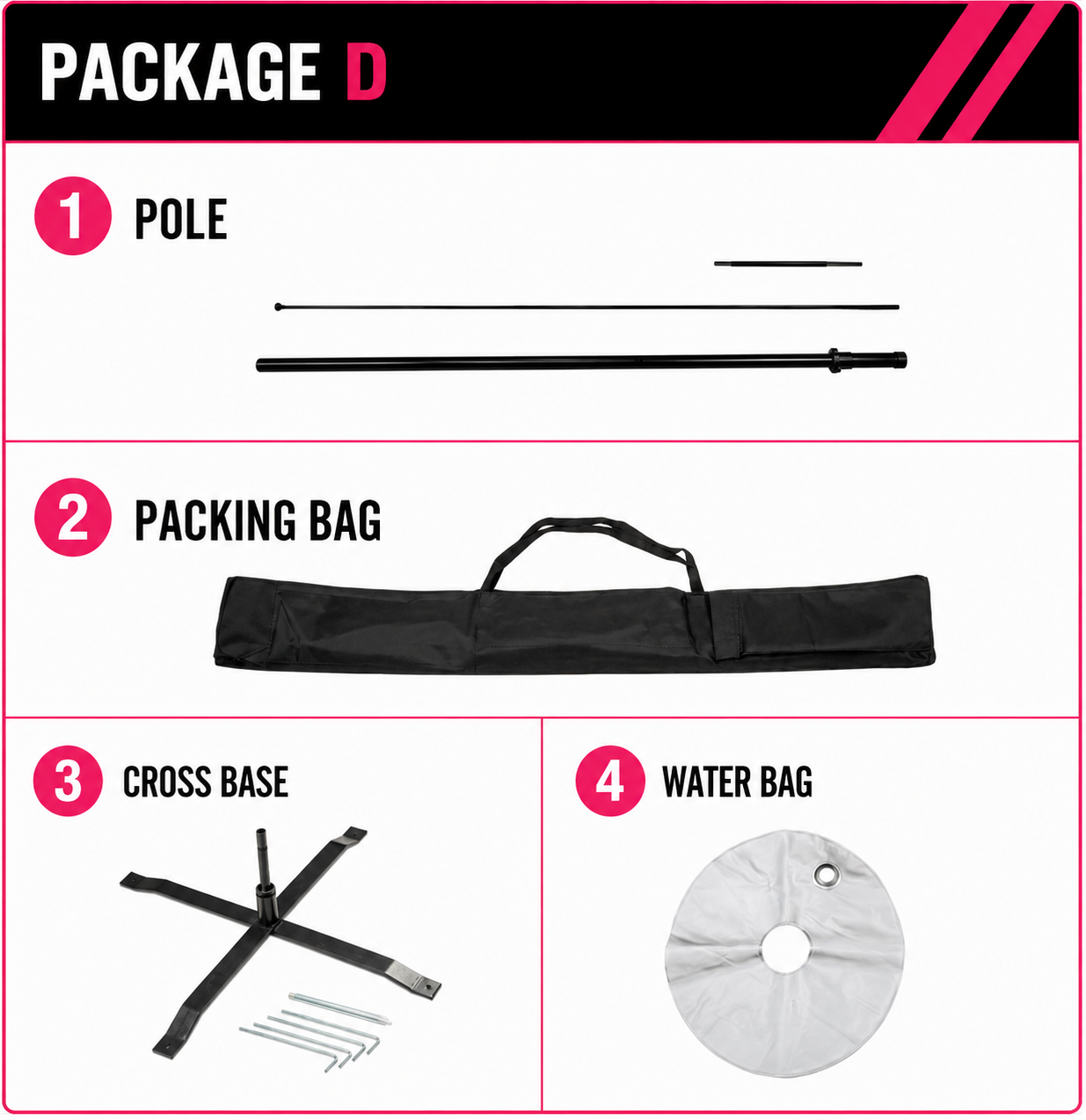 Package E contents diagram showing pole, ground spike, packing bag, cross base, and water bag.
