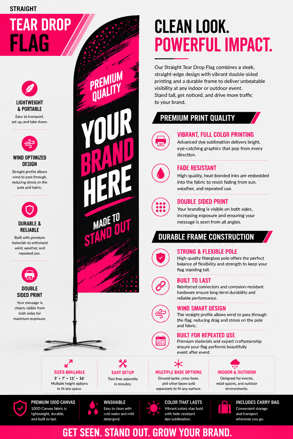 Black-and-pink promotional flyer for a custom teardrop flag with branding and pricing details