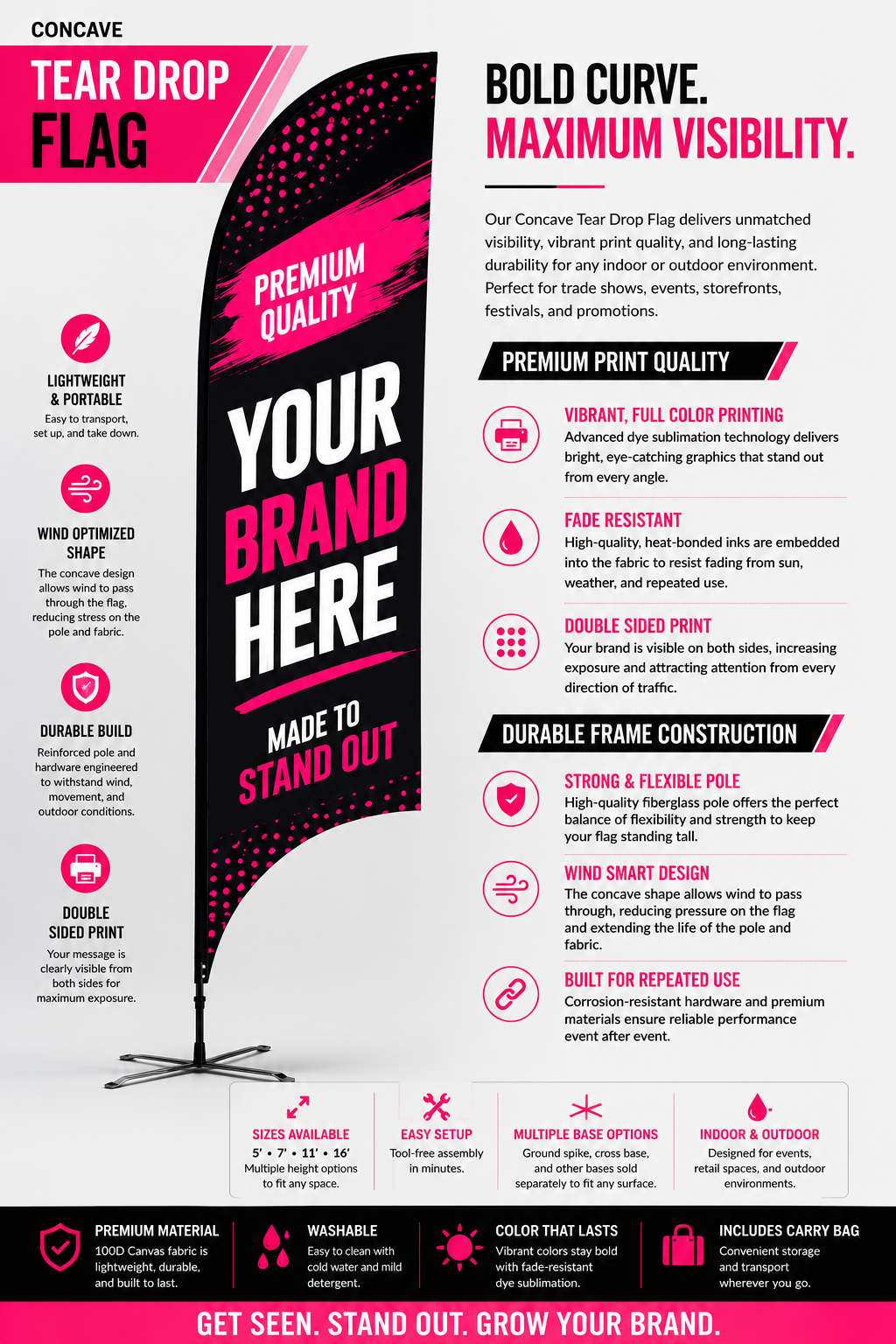 Pink-and-black teardrop flag ad with bold “YOUR BRAND HERE” text and product features listed.