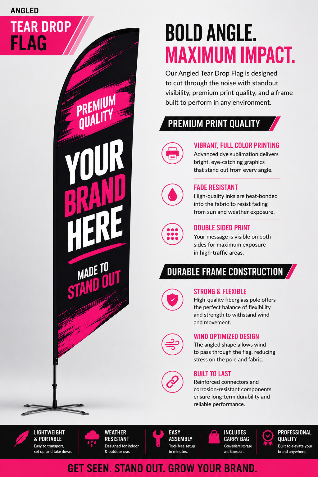 Pink and black teardrop flag banner mockup with “Your Brand Here” text and feature callouts on white background