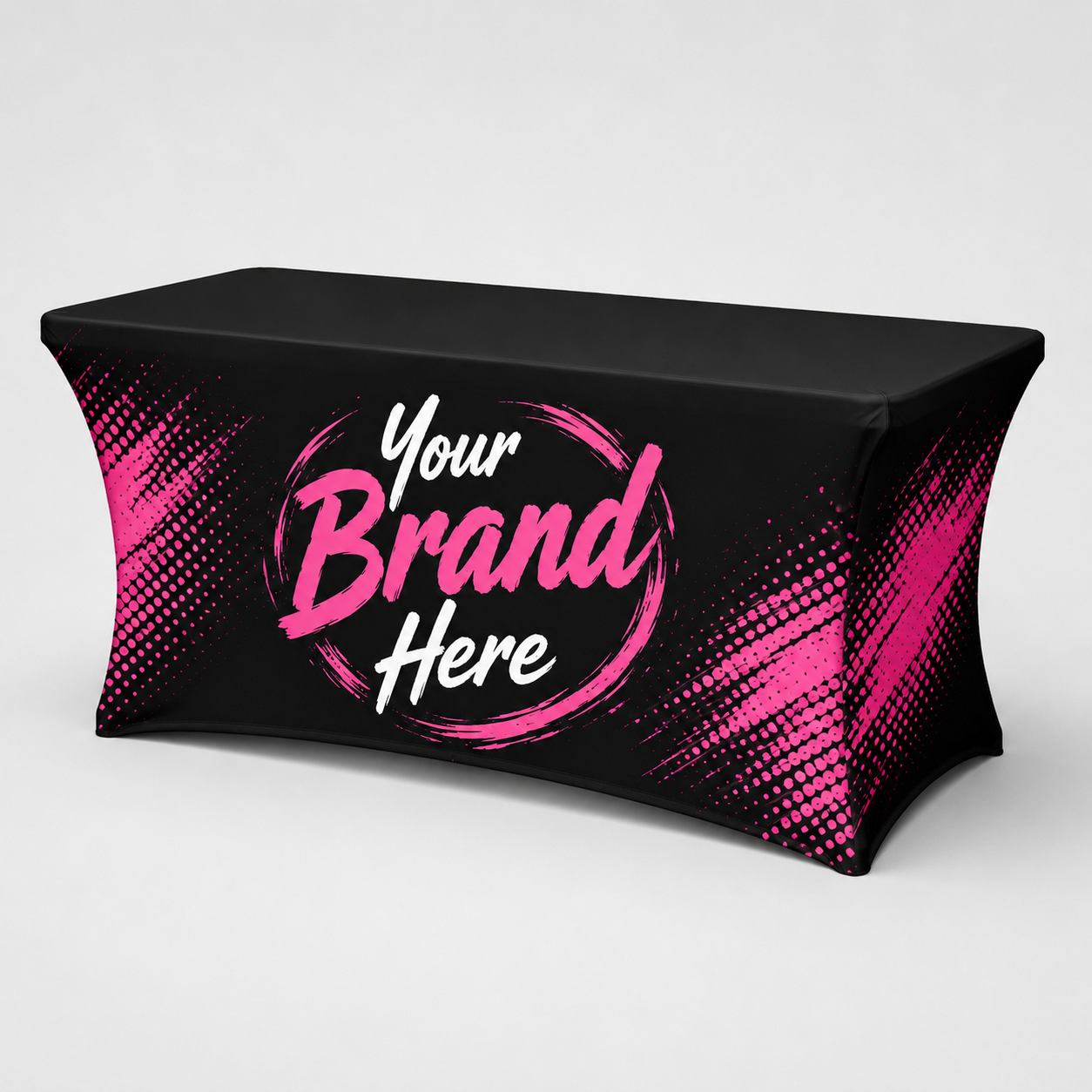 Black and pink branded table cover with “Your Brand Here” text
