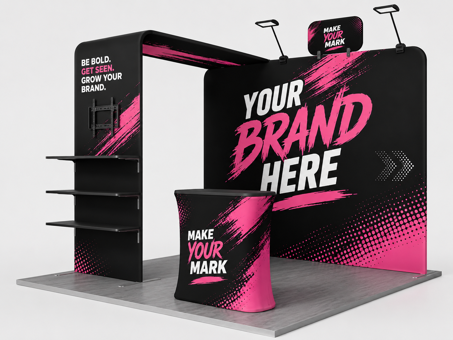 Branded trade show display booth with black panels, pink accents, and shelves on a gray floor