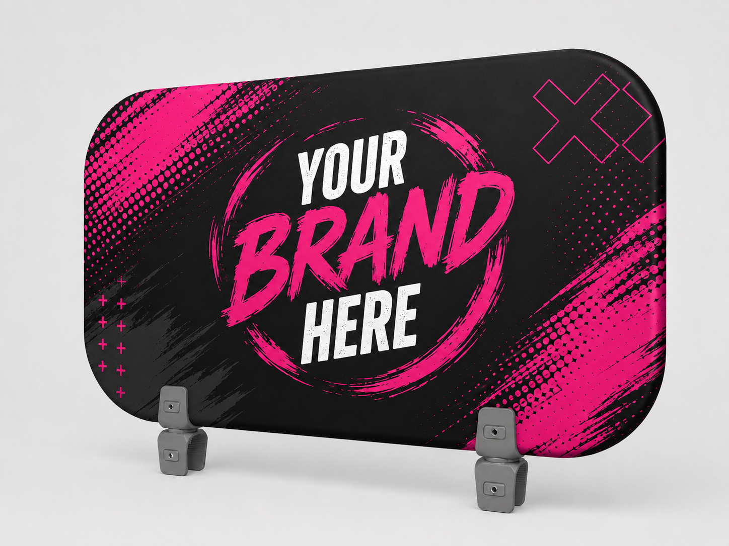 Black-and-pink branded display banner with