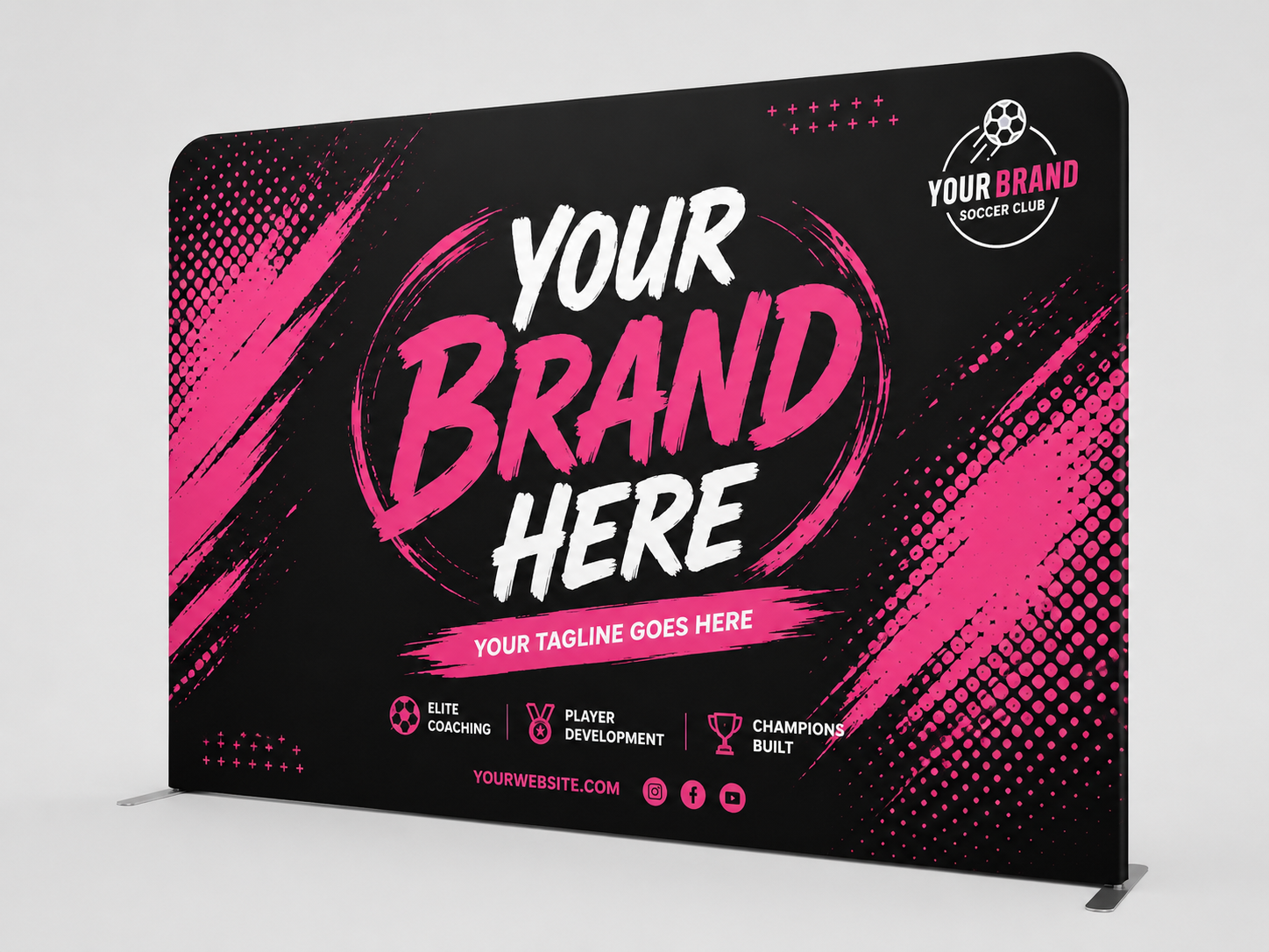 Black promotional display with pink splashes and large “Your Brand Here” text on a stand