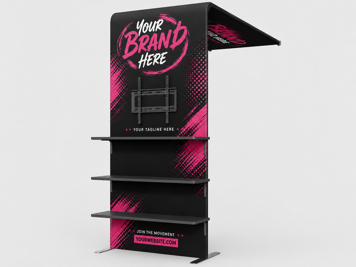 Black and pink branded retail display stand with shelves and top sign on a white background