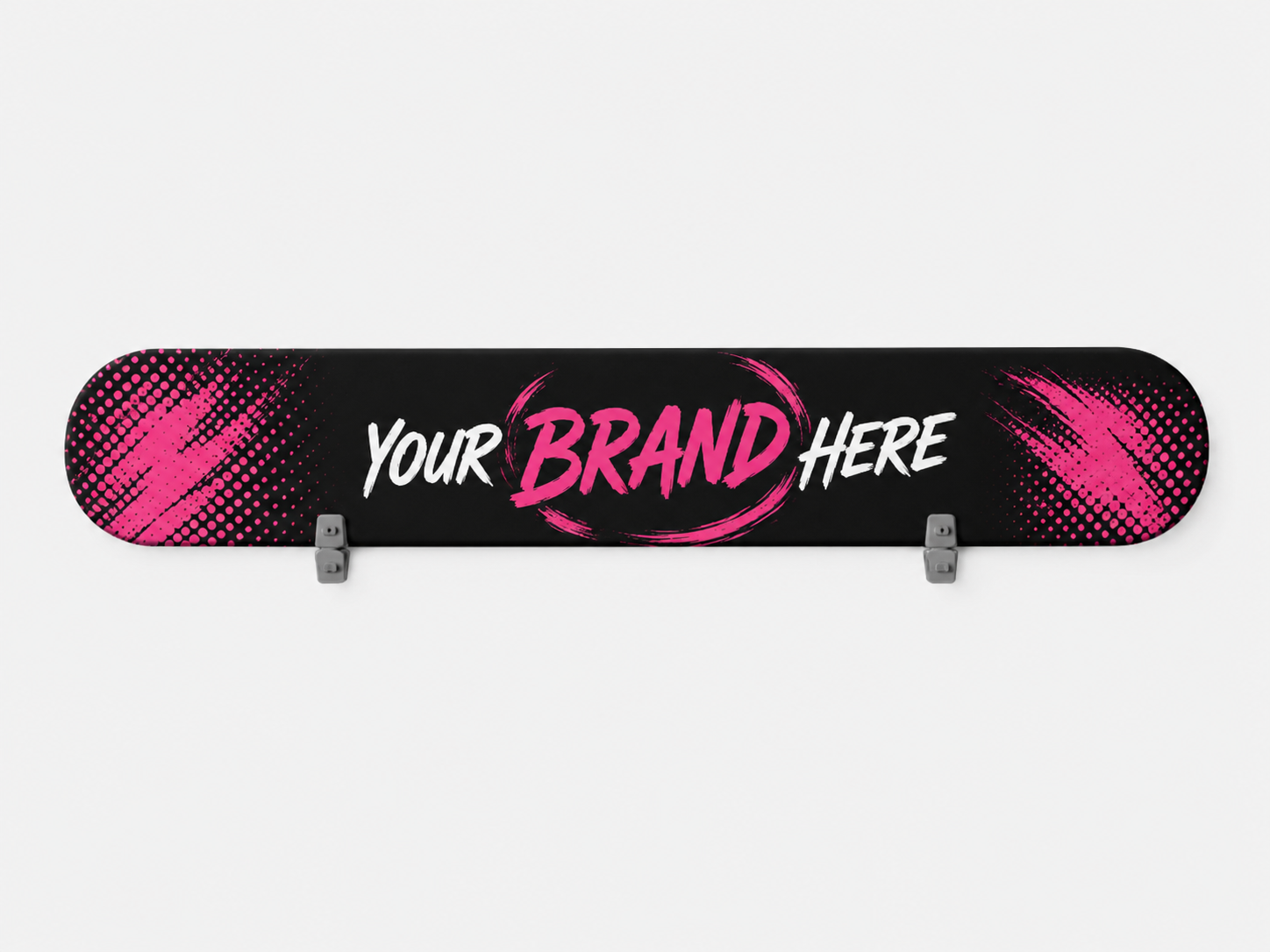 Pink and black skateboard deck with “Your Brand Here” text on a white background