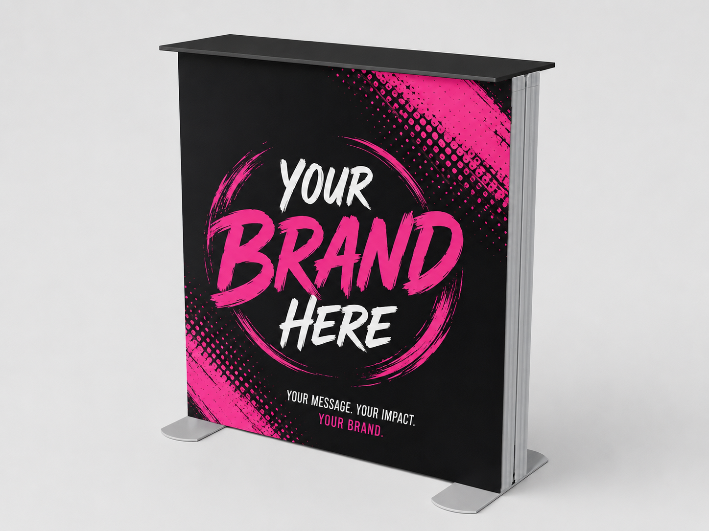 Black promotional display stand with pink “Your Brand Here” text on a white background