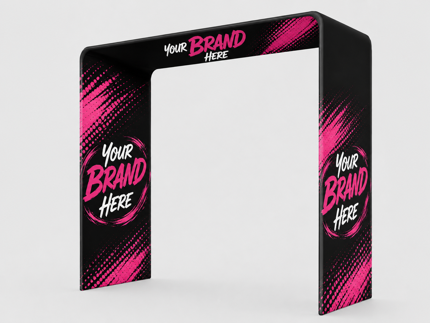 Black and pink branded exhibition arch with “Your Brand Here” text on the panels